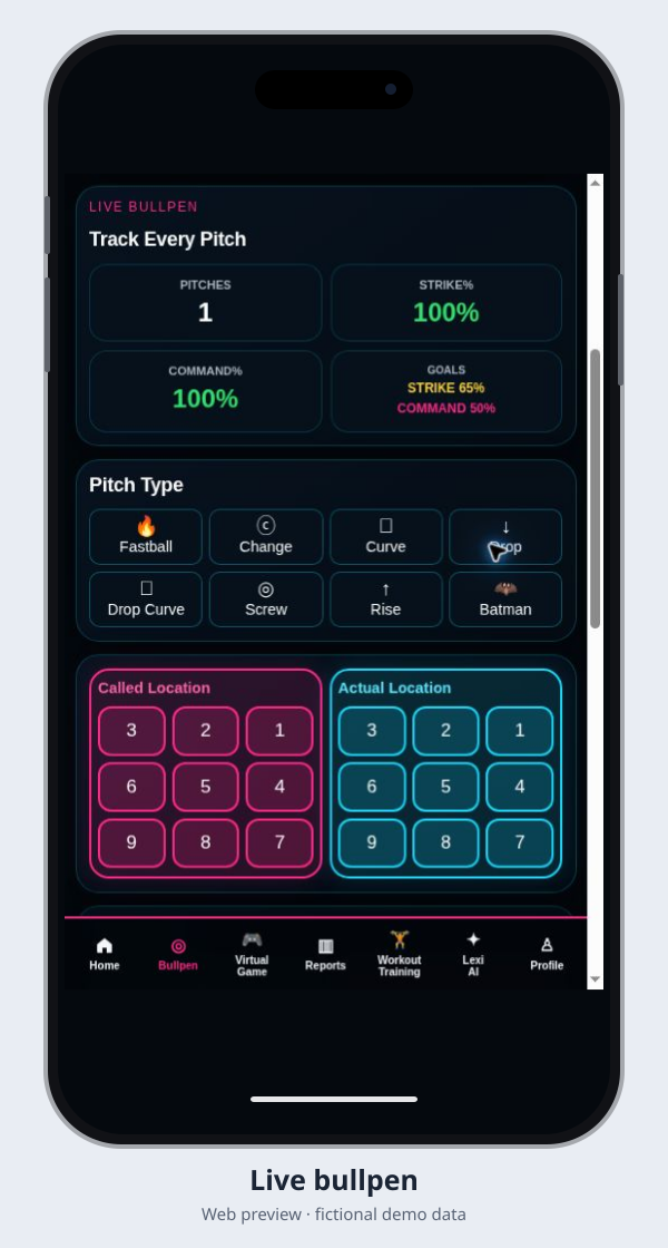 Actual PitchTactix live bullpen web preview with fictional demo data