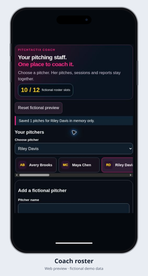 Actual PitchTactix coach roster web preview with fictional demo data