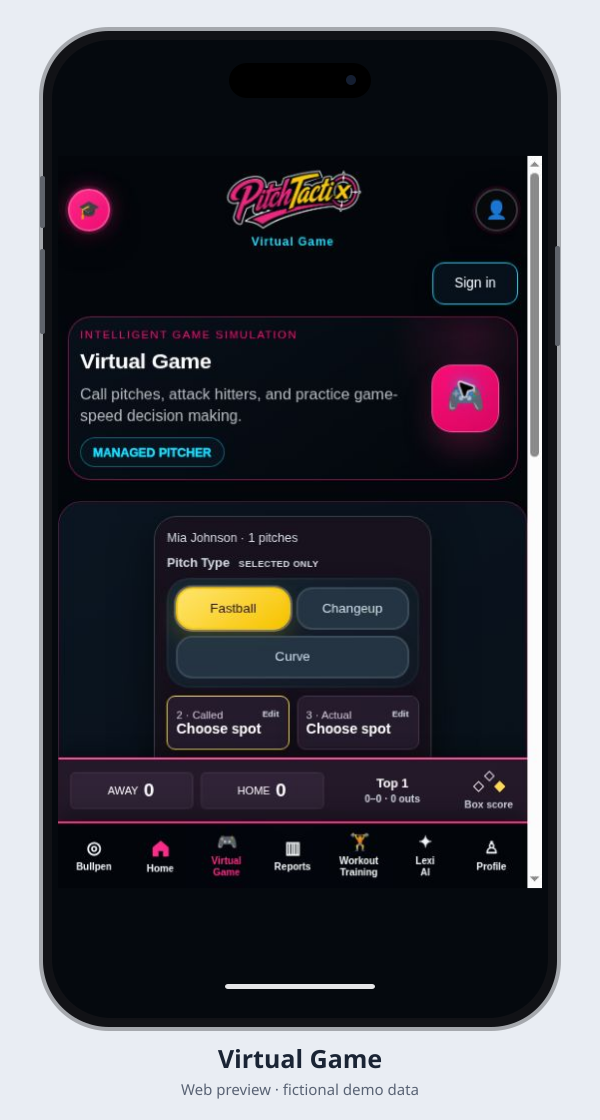 Actual PitchTactix virtual game web preview with fictional demo data